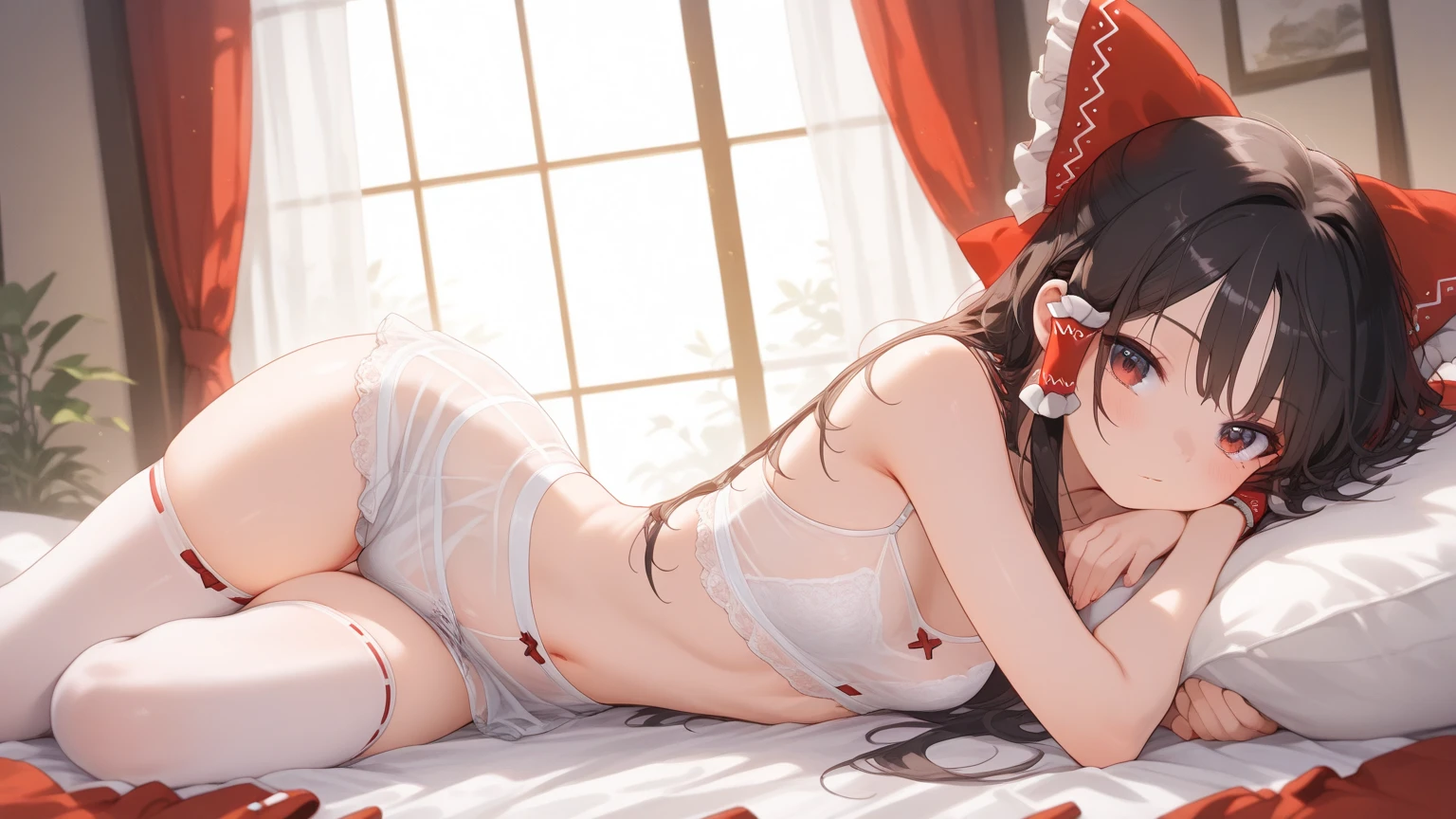 (Reimu Hakurei,1girl Alice Margatroid,1girl Pause,Sleeping with legs spread bra、Unbuttoned Skirt available Creampie Watery eye Sweaty disgusted face Semen all over the body Big Breasts、Erect nipples Sex Background,shrine,futon