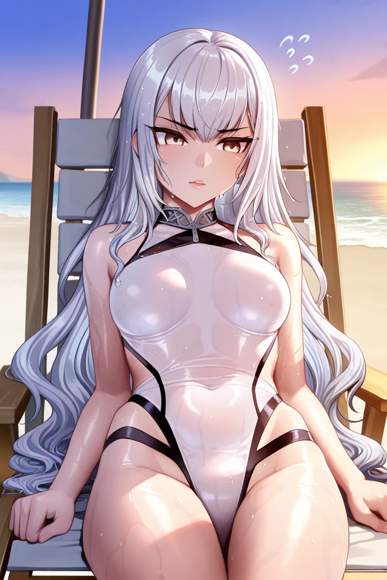 Kuesu Jinguji_multimerge,1girl, silver_hair, purple_eyes, big_breast, perfect_hands, White_bikini, full_body, beach_background