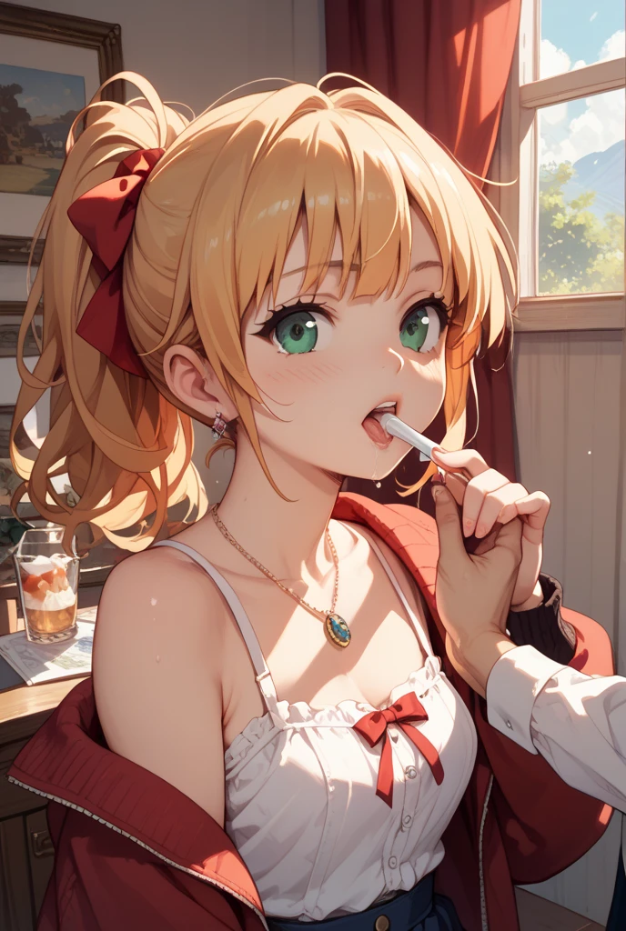  Chisato Nishikigi, short hair, bangs, Blonde, (Red eyes:1.5), Bobcut,smile,Open your mouth,Sweat,Red Tank Top,Red string underwear,barefoot,Sitting on the sofa,Eating ice cream with one hand,Daytime,True Summer,whole bodyがイラストに入るように,
break outdoors,room,
break looking at viewer, whole body,
break (masterpiece:1.2), Highest quality, High resolution, unity 8k wallpaper, (figure:0.8), (Beautiful attention to detail:1.6), Highly detailed face, Perfect lighting, Highly detailed CG, (Perfect hands, Perfect Anatomy),