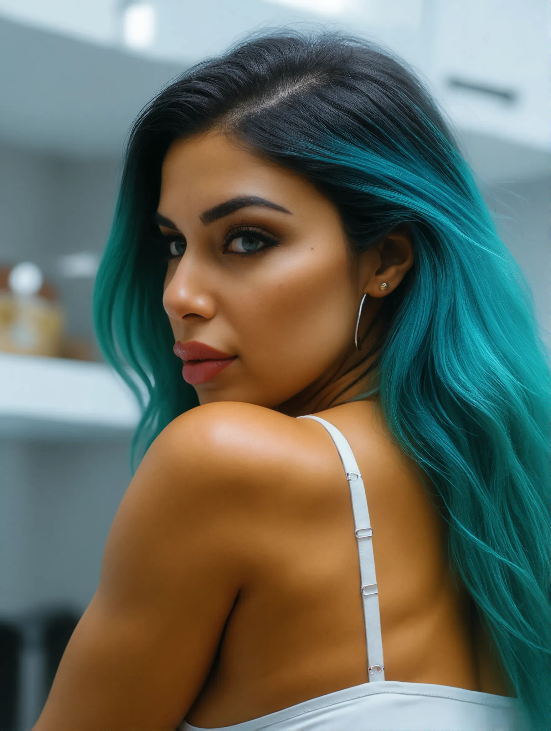 a beautiful young woman with long green hair, a sexy college dress, detailed face, beautiful eyes, lush lips, intricate hairstyle, elegant pose, detailed realistic portrait, high quality, photorealistic, vivid colors, cinematic lighting, detailed background, fantasy art