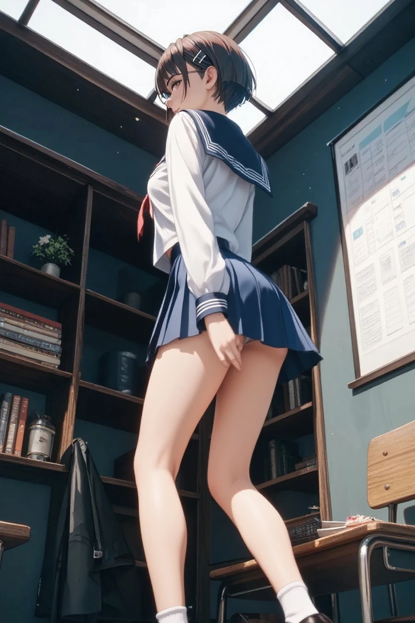 nsfw,alone, (One girl), Junior high school girl, (Lower body naked)、 sexy,  ((Put your arms behind your head)),  (wearing only the top half of sailor school uniform)、classroom, With a girl：Her hair is long and black, Her face is round and cute, Black Hair,Low twin tails, , (Are standing),(Shy, Embarrassing),(((pussy,Female organ,Pussy))),((from below)),
