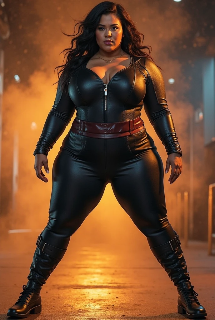 Cardinal, a beautiful woman with (dark skin) wearing a black and red bodysuit, long sleeves, leggings.  Athletic, huge breasts, wide hips. Short curly black hair, batons, utility belt, bracers. Cheerful. Short mini half cape. Confident.