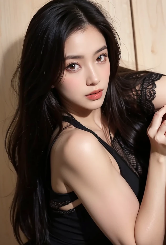 1girl, alone, solitary, high quality, (best quality,4k,8k,highres,masterpiece:1.2),ultra-detailed,(realistic,photorealistic,photo-realistic:1.37),gorgeous hair,dark hair,long straight hair with bangs,puffy eyes,mole on the cheek,plump lips,jewelry,(high detailed skin:1.4),(rim lighting:1.3),(lit:1.3),(sunny day:1.3),portrait,beautiful lips,waist-length hair,seductive gaze,moles,sundress,dress,short dress,close up,really long hair,choker necklace,small tattoos