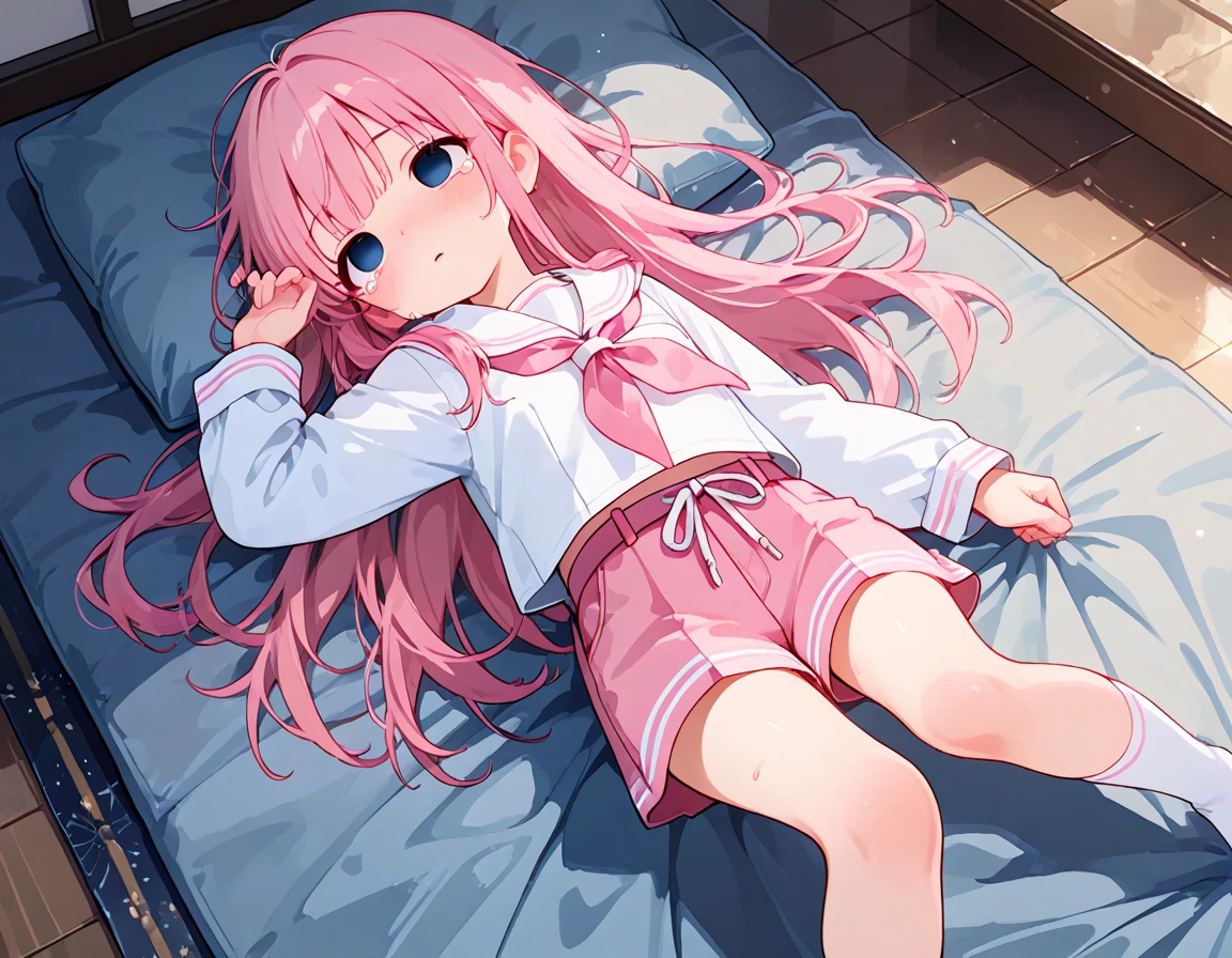 A pink-haired high school girl in a sailor uniform who is feeling unwell is lying on a bed in the nurse's office.