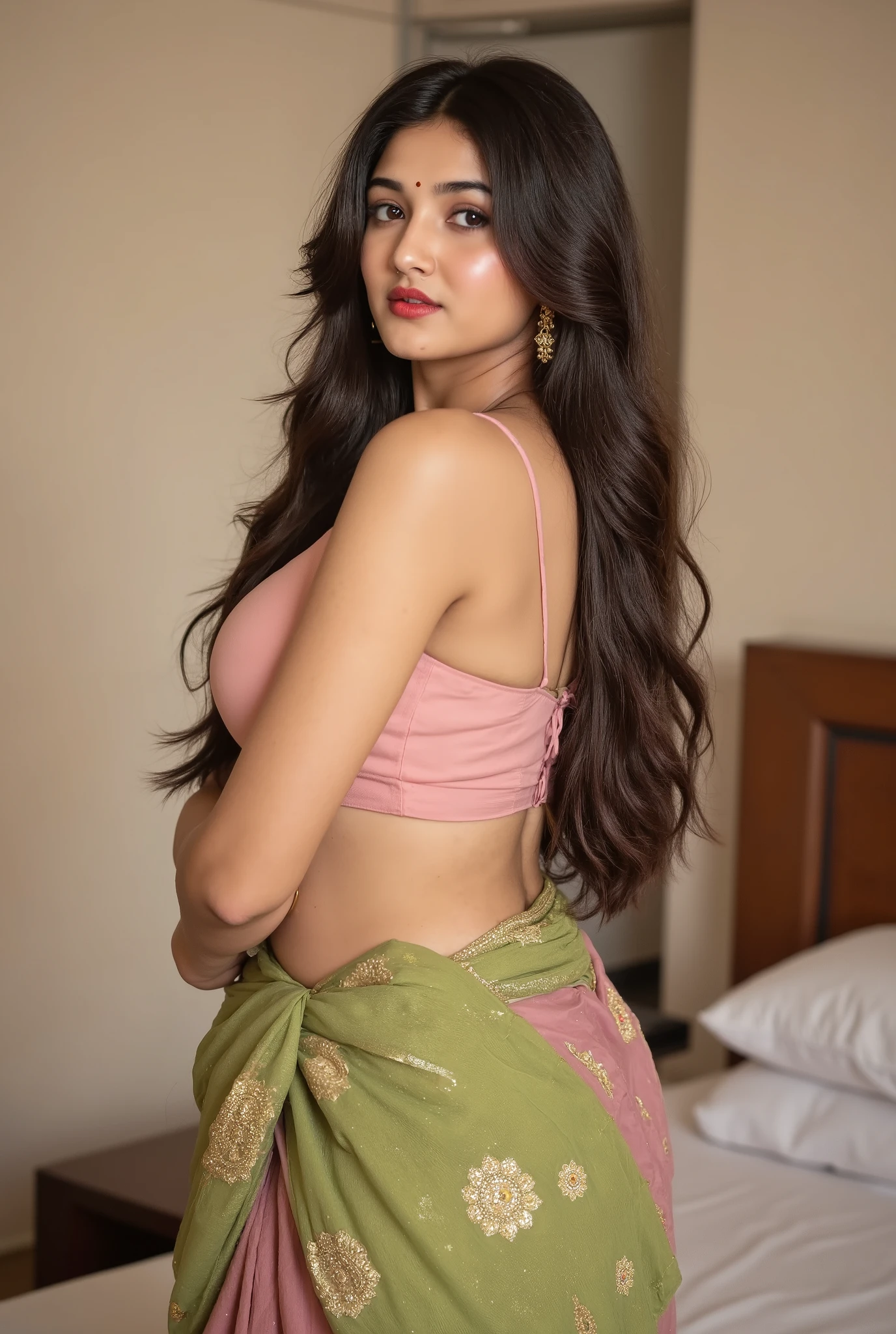 A stylish young Indian big breast girl posing on bedroom with her back to the camera, wearing a traditional outfit. She has on a pink backless blouse tied with strings, paired with a dark pink lehenga. Her sheer green dupatta with golden floral embroidery is draped over her shoulder. She has long black hair, gold earrings, and a soft makeup look with red lipstick, giving an elegant and graceful vibe."