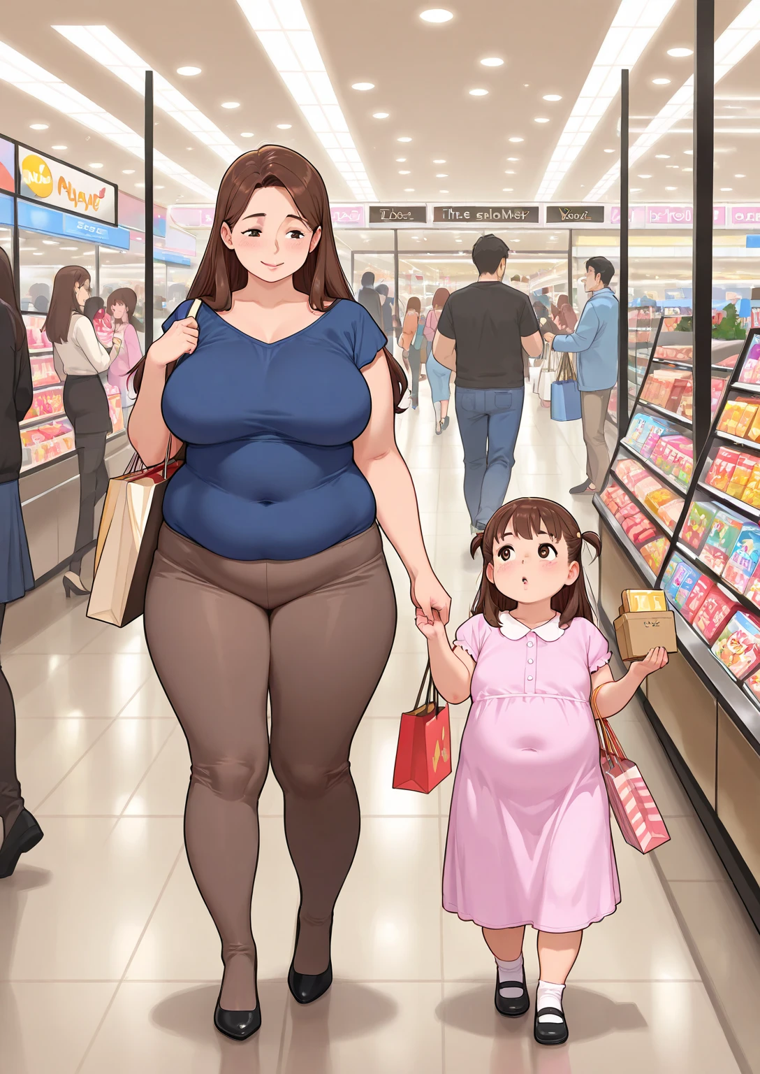  40 year old mother,toddler de 4 años,(tender child) , toddler (mother with prominent giant tits),(Boy with huge penis), little 4 year old boy, mother big thighs, thin skinny mother ,  enjoying, at the supermarket 