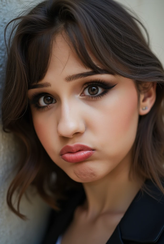 Eliy , in a school bathroom , , , looking at the camera , ,, , , , , from above , , , , , on her knees , , , , out, , , very angry, frowning eyebrow , flat , from the side