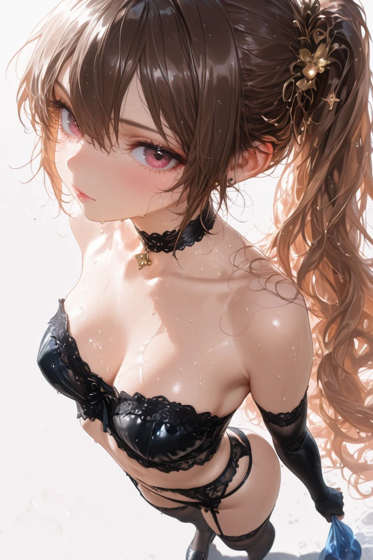 tmasterpiece, high qulity, best qualtiy, A high resolution, 4K, k hd, beautiful light up, very vey very detailed face, Well drawn hands, Well drawn legs, Well drawn feet, Well drawn eyes,1girll,KaedeDG, brown hair, with brown eye, Slit bikini,Red gauze dress,White top,smallunderboob,Little ass,standing on your feet,is shy,wince,Plug gag, Gag plugs