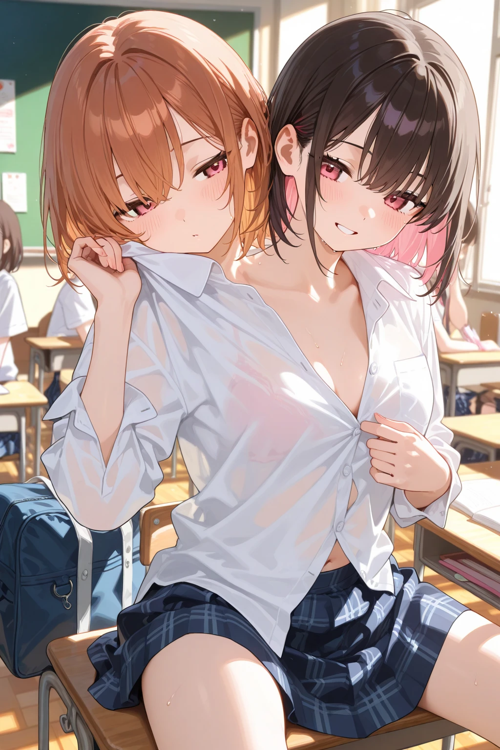 aged up,blush,breasts,brown eyes,brown hair,colored condom,nipples,nude,open mouth,pantyhose,shirt,skirt,used condom