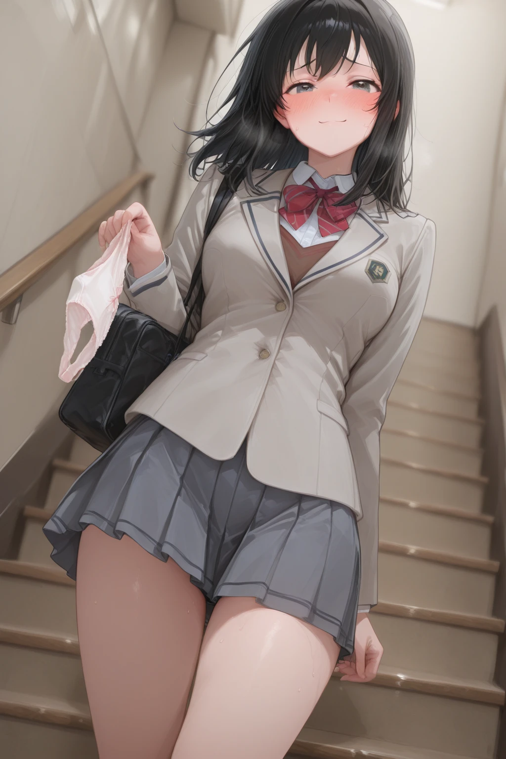 masterpiece, Highest quality, High resolution, MyMiku, short hair, teeth, , Red Bow, Collared shirt, Blue jacket, blazer, Long sleeve, Pleated skirt, Grey Skirt, Black knee socks, Cowboy Shot, anger, Are standing, locker room,Shirt open,Skirt up to the belly button,Panties in full view,Sweat,,?????