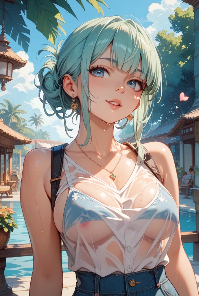 ((melhor qualidade)), ((piece of master)), (Circunstancial), estilo anime, ((Demon Slayer Anime)), personagem Mitsuri Kanroji, 1girl melhor qualidade, retrato, ultra detalhado, beautiful face, anatomia perfeita, sozinho, pale skin, cabelo verde rosa claro gigante, cabelo perfeito, franja, ((Olhos fechados)), Tongue out, Tongue out, (😝), sexy bikini, Tanga, Arms, Hands on boobs, pernas grossas, coxa grande, possession, background scenery, no rio, dia, sunlight, sol, nuvem, water floor, ultra detailed water, detalhes no ambiente, plantas nas laterais, cachoeira ao fundo, information