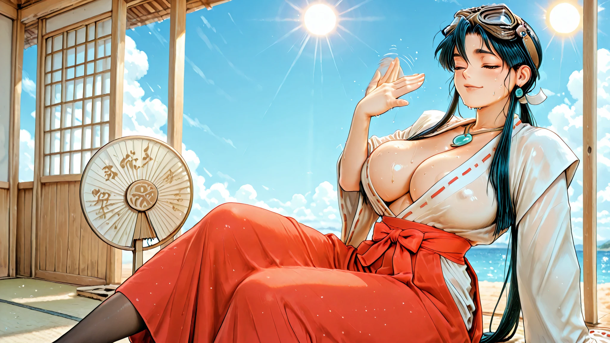 Beautiful woman with loose black hair, She shows herself with a sexy and well-formed figure... Detailed beautiful face, ((she wears a red-colored-kimono-with-blue-details, ripped with side slits, in one piece, he is not wearing underwear))., earrings, jewelry, she has blue eyes, ((firm legs, pelvis, strong thighs, Huge sweaty breasts, very wide hips)), Girl standing outside on the beach, sexy session, mischievous look, posing front with legs apart, sweaty body, wet, top quality, ((photo taken from the front at knee height)), many details, realist.
