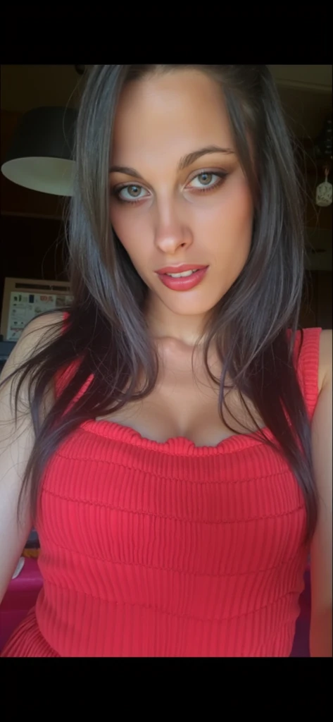 close-up, looking at viewer, girl in, age25, Solo, Aesthetic artwork, long black hair, pale skin, A-cup, runners body, (gape, textured skin, skin pores, open mouth:1.1), goosebumps, in a red sundress, downblouse, sexy, taking a close-up selfie, no hands ((hands hidden, open mouth)), nipslip