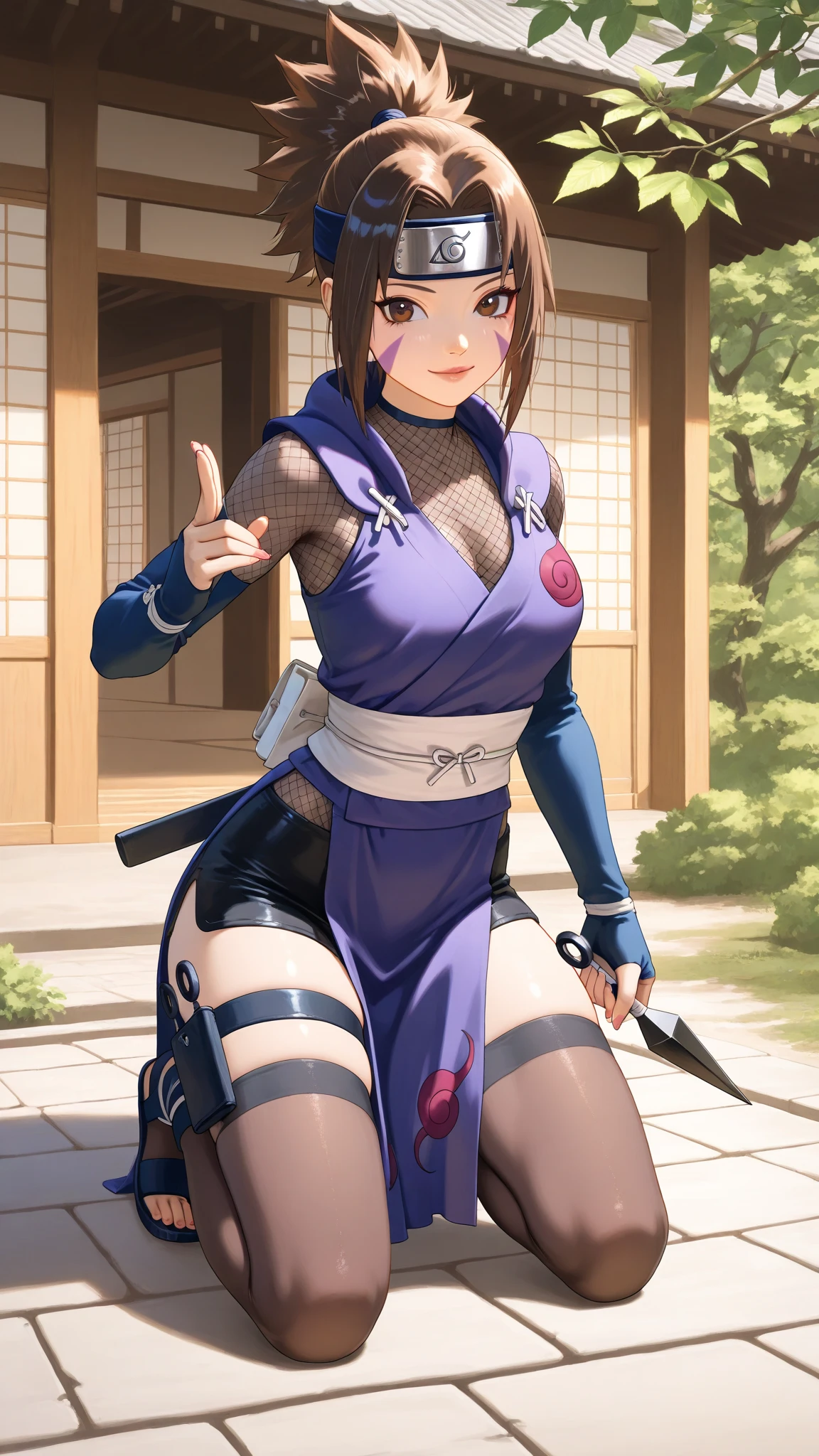 best quality, masterpiece, (leaning over:1.4),
1girl, yuzuriha_(jigokuraku), purple hair, brown eyes, ninja, open clothes, cleavage, small breasts, topknot, medium hair, breasts apart, seductive smile, pants, undressing, (blush:1.1), japanese exterior, temple,