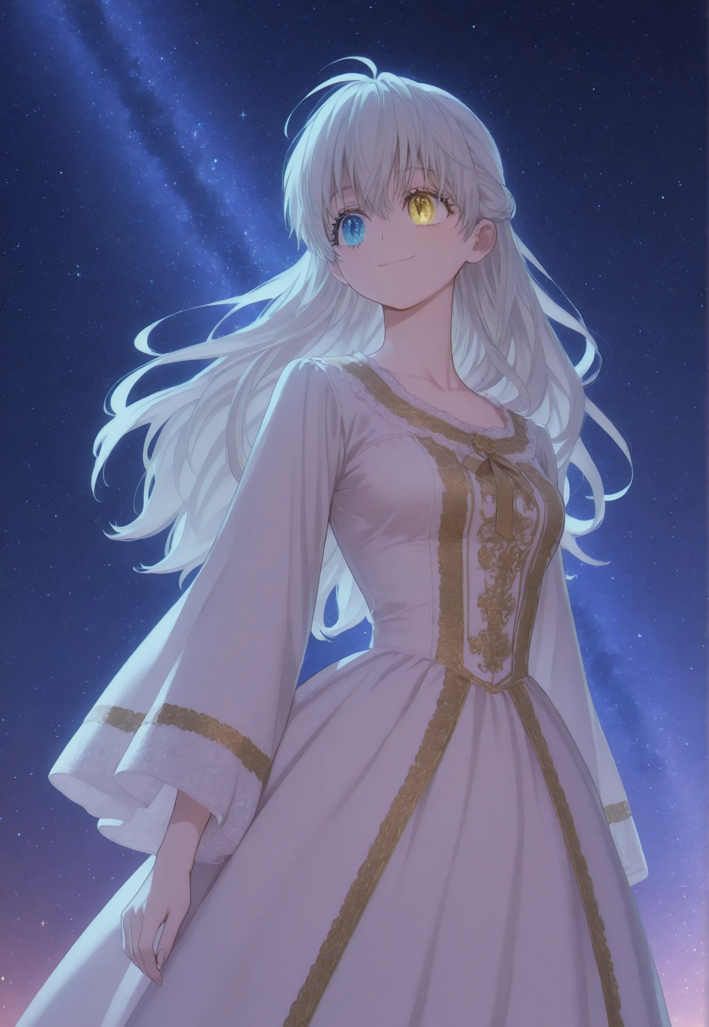 masterpiece, newest, HD Quality, safe, good anatomy, good lighting, , good resolution, beautiful, anime. long white hair. heterochromia:Sky blue right eye and Golden Yellow left eye, genuine smile. dark eyelashes, piel clara, slim build, Medium Breasts Size C. She is 18 years old, measures 1'66 cm. watching the spectator, Alone, Bright Starry Night Background. wearing clothes: Victorian white dress, Wide sleeves with elaborate embroidery, embroidered with gold threads. relaxed pose.