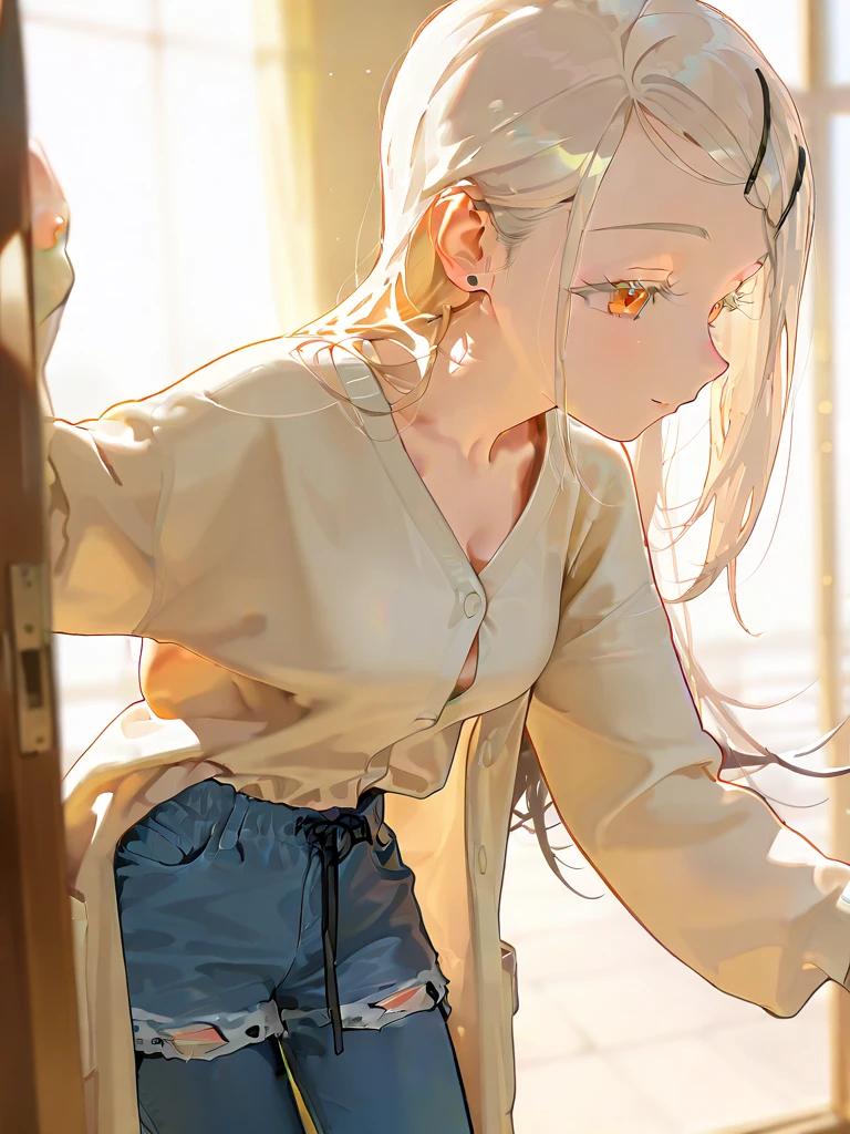 (Highest qualityのイラスト:1.2), (pretty girl:1.1), (1 girl、17 years old、Highest qualityのイラスト:1.2), (1 girl、slightly bigger eyes、blue eyes)、Blonde、Semi-long hair、Mature、Beautiful breasts、(Highest quality、Very detailed、Ultra-high resolution) 、High School Uniform{White Sailor Suit、Short sleeve、Pleated skirt with red plaid pattern), from below, School stairs、Climbing the stairs、Back view