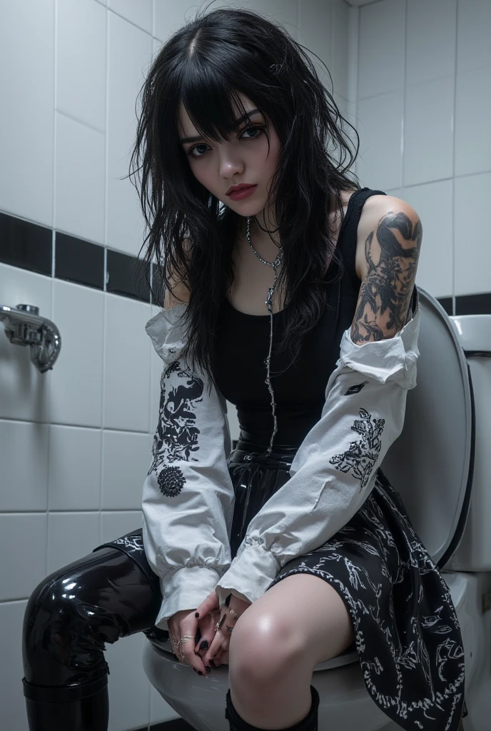 1 woman with a tattooed ,fine and delicate woman, full body, realistic, pink pupils, beautiful eyes, long eyelashes, almond-shaped eyes, red lips made up, gothic style. tight gothic clothing, intricate details, vivid details, detailed skin, detailed body, vivid colors, bokeh, long colorful hair, long hair, loose hair, colorful hair, detailed skin, headphones, cute figure. Sensual legs with curves, seductive body. 1 girl. look towards the horizon. dynamic pose.