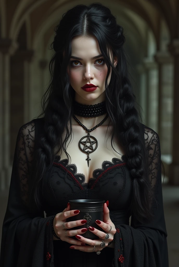 young gothic girl, white eyes, porcelain white skin, long black hair, dark but sexy makeup, black painted lips, black lace dress, The dress has straps that form a pentagram design, wears corset with little skull buttons, Sexy look and smile with an air of superiority, Wicca sexy. Background a gloomy forest.
