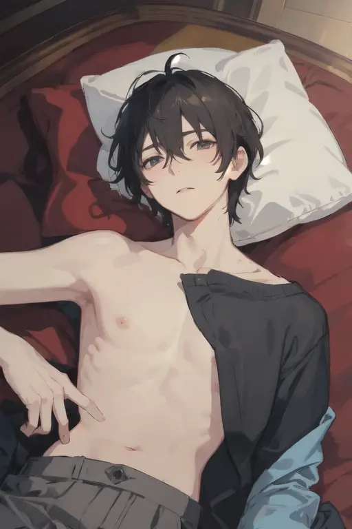 masterpiece, best quality, ultra detailed, solo man, male focus, ((Oblong face)), ((Square jawline)), black hair, ((hairs between eyes)), shoulder length, ((narrow blue eye)), shirt, fair skin, skinny body, beauty mark, nsfw, wet skin, bed, lying