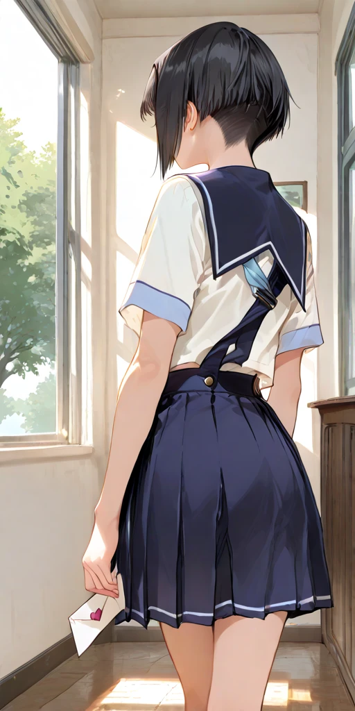 20-year-old,School,noon,(((miniskirt school uniform))),,open mouth smile((knee high socks))(See-through),(big butt),((black hair)),blush、surprised face,((turn around and look back))(wet with water)I can see your panties,(((lift up skirt)))