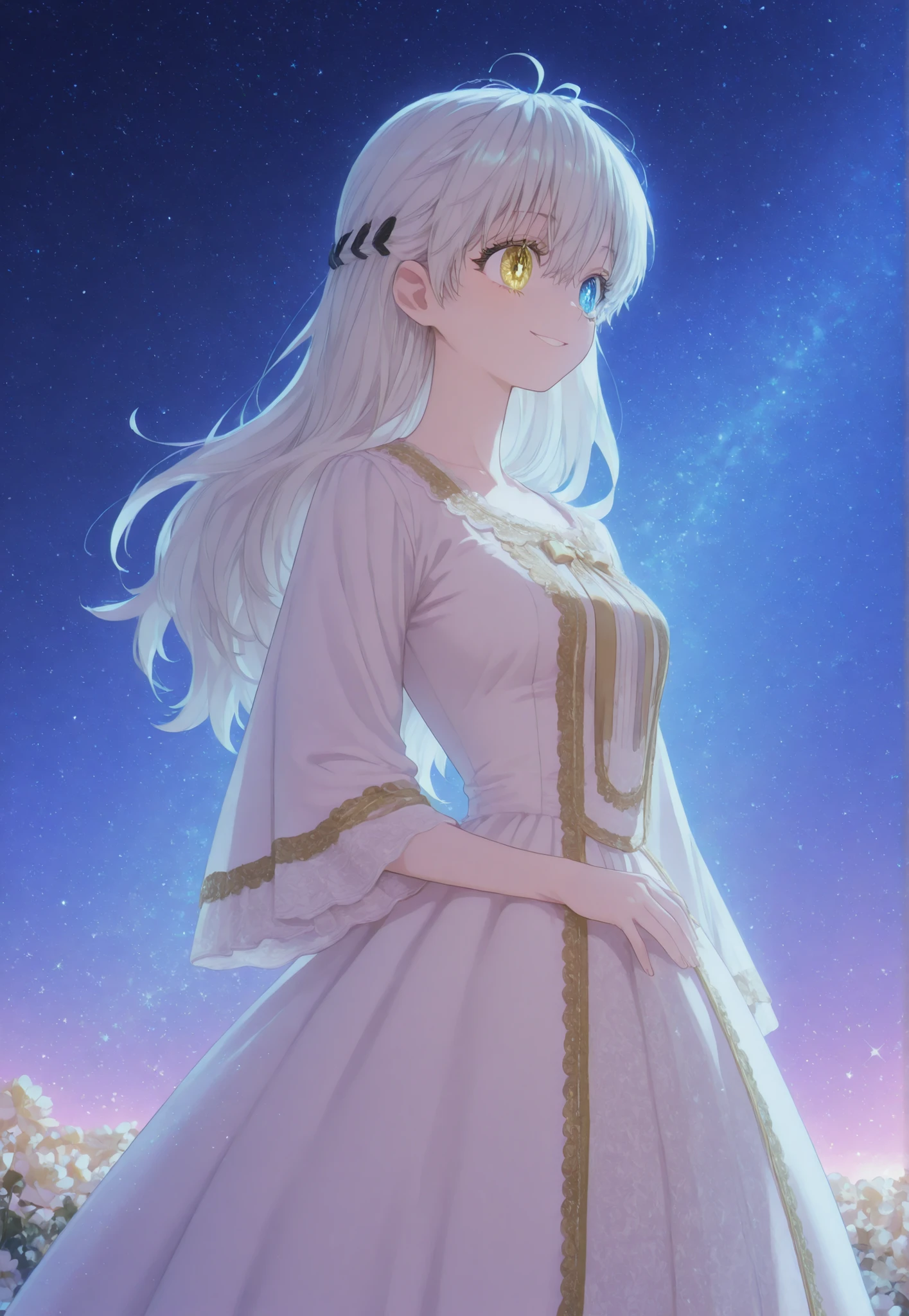 masterpiece, newest, HD Quality, safe, good anatomy, good lighting, , good resolution, beautiful, anime. long white hair.  heterochromia:Sky blue right eye and Golden Yellow left eye, glitter on the eyes, genuine smile. dark eyelashes, piel clara, slim build, Medium Breasts Size C.  She is 18 years old, measures 1'66 cm. watching the spectator, Alone, Bright Starry Night Background. wearing clothes: Victorian white dress, Wide sleeves with elaborate embroidery, embroidered with gold threads. relaxed pose, between flowers .