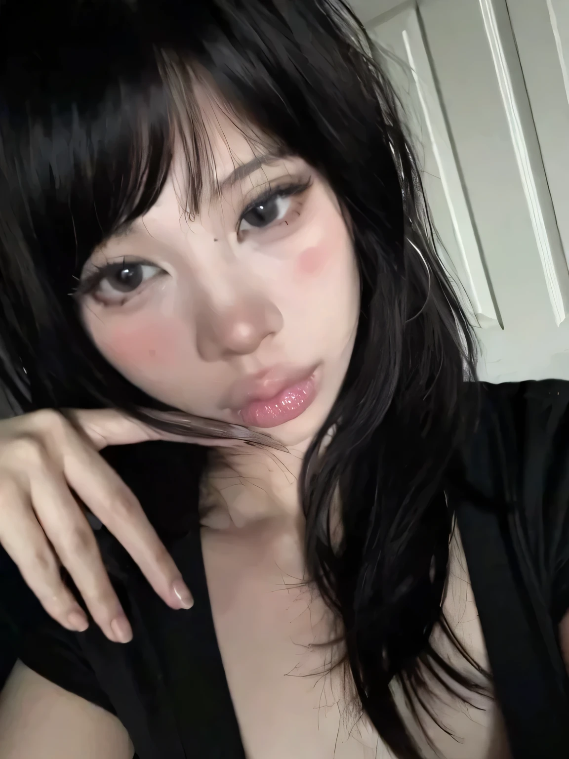 fluorescent colors t-shirt,off-shoulder look,bare shoulder,ollarbone,midriff peek,string panties,(open mouth:1.5),(tongue out:2),lying,Selfie,(overhead shot:1),front view,upper body,(1girl,Beautiful 14 year old girl),((Slender,Small breasts,Small face,)),(looking at viewer),Black Hair,bangs,one side up,Beautiful and detailed,(Dimly lit room:1.5),Simple Background,White bed,pillow,Mischievous smile