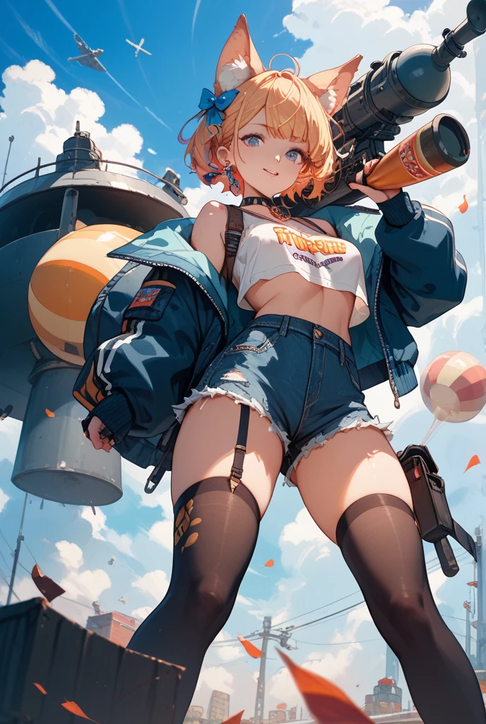 high resolution、high quality、masterpiece、detailed、Blonde、ponytail、Large white ribbon、White tank top、Open your chest wide、Burstingly Big Breasts、Put on your Air Force jacket、Belly button exposed、High leg cut jeans、Bare legs、Thick-soled boots、highway、blue sky、cumulonimbus、