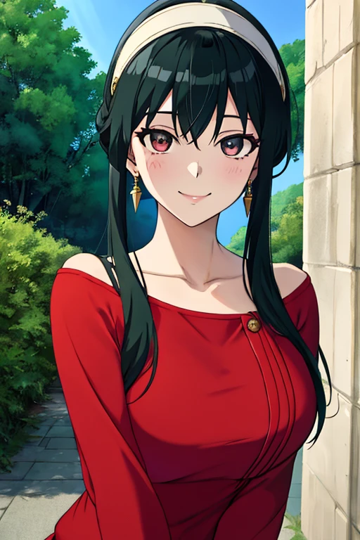 hun, mature woman,  bangss, side locks, Eyes red, Bblack hair, hair ornaments,breasts big，sports portrait, (Face:1.2), students, he used to smile,bared shoulders, Bblack hair, cherry blossom flower, neckleace, (mantea:1.21), clavicle, Willow branch, (masterpiece best quality :1.2),