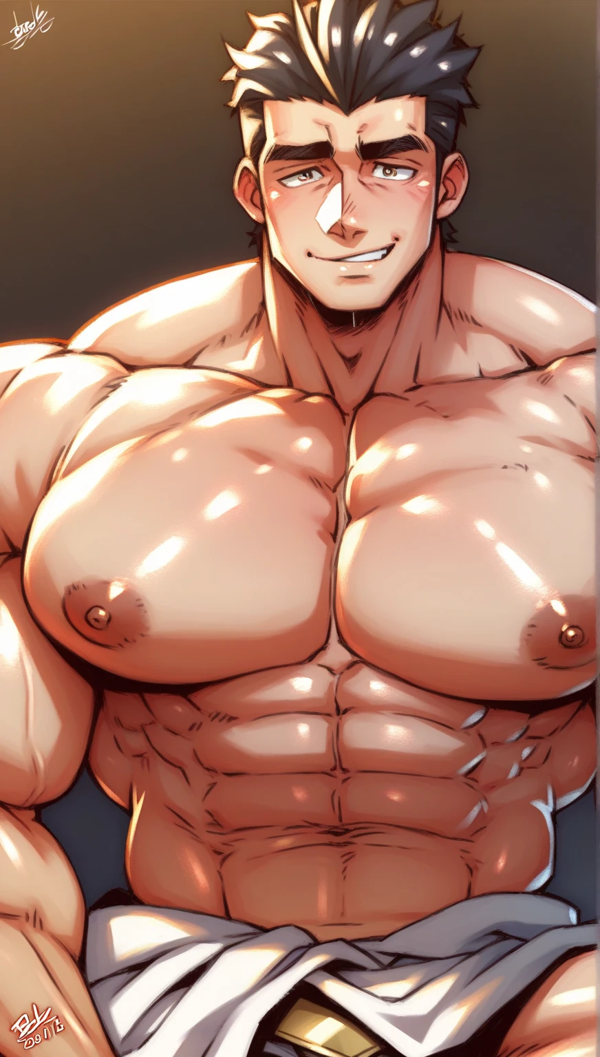 1boy, very tall man, sidepec, mazjojo, muscular male, muscular, bara, solo, looking to the side, annoyed, mature male, short hair, beard stubble, undercut, stubble, (uzumaki_naruto:1.5), blonde_hair, spiked_hair, blue eyes, parted lips, white background, simple background, best quality, amazing quality, best aesthetic, absurdres, year 2023, big muscle, strong waist, huge biceps, huge pectorals, very tall, thick thigh, large hands, hyper muscle, brown skin, abs, nsfw, huge penis, ???, projectile ???, ?????, nude, steam sweat, hairy, girthy ?????, sparse chest hair, strongman waist