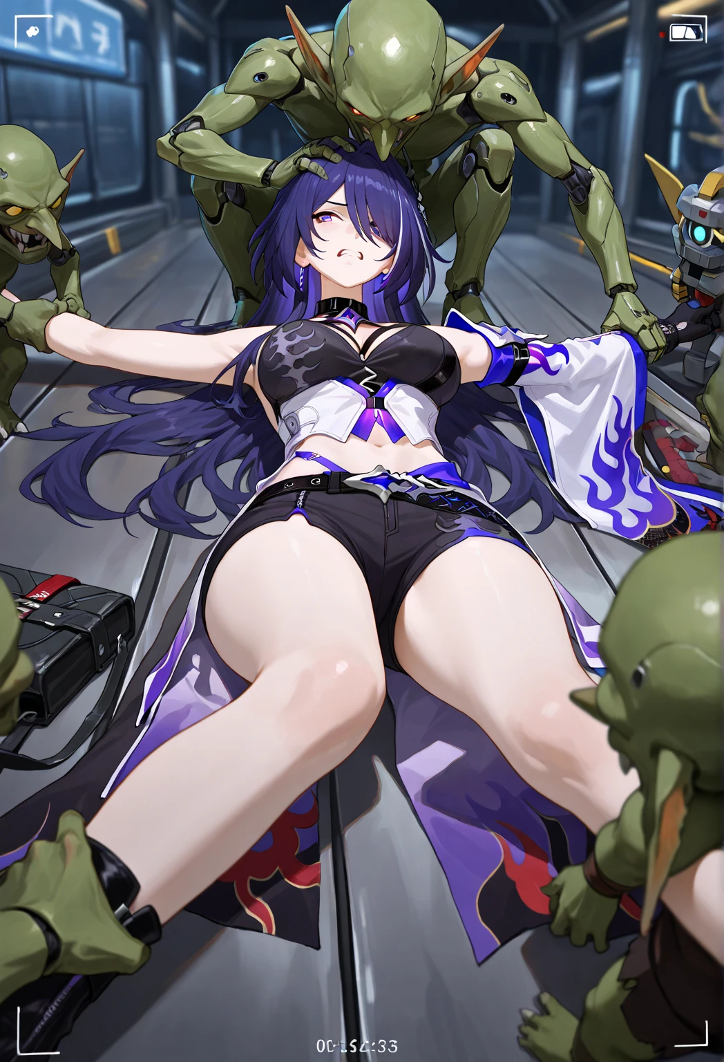 Female Combatant、Purple haired Japanese girl、Close-up of a girl in a blue leotard、Blue glossy leotard、Blue knee-high boots、Yellow Globe、Saiyan Girl, wonderful, Nano Girl, Female body type, Inspired by Hiromu Arakawa, Anime Manga Robot!! Anime Girls, Fubuki, Full Body Suit, by Hiromu Arakawa、wonderful, silk, Beautiful and attractive anime teen, Anime Girls of the future, tears,Drooling,Pee,Sweat,Tongue out,incontinence,Peeing,Mouth open and tongue out,Estrus,Eyes wide open,Estrus,Blushing,Nipples are erect,Face is hot,Lust、Mouth wide open and tongue sticking out、incontinence、Crying face、Drooling、Red lips、Red tongue、Red tongue sticking out