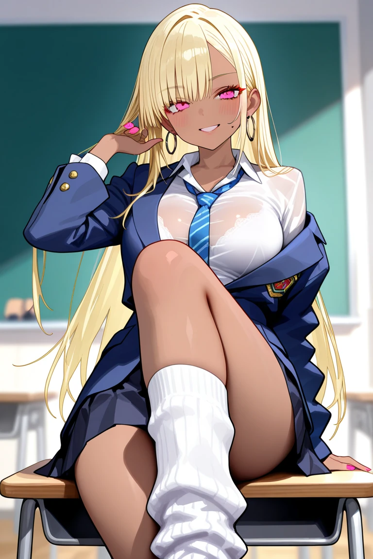 (((Stand with your feet apart、Shiny underwear))、(((Emphasize the crotch、Sexy Underwear)))、Highest quality, 8k, masterpiece :1.3)), whole body, Sharp focus :One Girl,Glowing Skin,Sexy pose,Highest quality,Tabletop,shape,Very delicate and beautiful,Hmph,8k壁紙,wonderful,In detail,Official Art,Very detailedなティッカーUnity 8k壁紙,Unbelievably ridiculous,Large file size,Very detailedな,High resolution,Very detailed,Beautiful detailed,Realistic,X-ray,The queue is full,(((Uniform Blazer、mini skirt)))、(((Big Breasts、blonde)))、(((School、classroom)))、Cleavage , ((Blonde、Dark Skin))、Beautiful belly button、Knee-high socks、Sexy pose、Her hairstyle is twin tails..、both hands、Black gal(Dark Skin:1.2)、Dark Skin