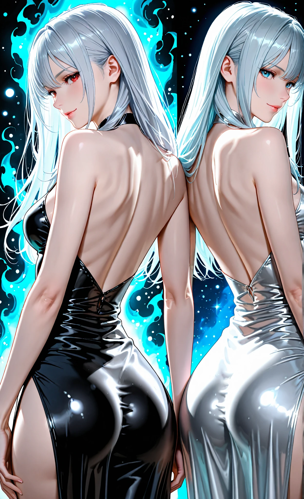 (((solo,1woman, mature, alone))), MeiMei, ((white hair, long hair, braid, hair over one eye, braided ponytail, glowing black eyes, wide eyes, lipstick, makeup, narrow waist, skinny, medium breasts)), pelvic curtain, ((white dress,wedding dress, Scooped up the ass, glove)), full body, perfect body, (insanely detailed, beautiful detailed face, masterpiece, best quality), (extremely detailed 8k paper CG wall unit: 1.1), (wedding, garden, dusk), big ass, from back, behind