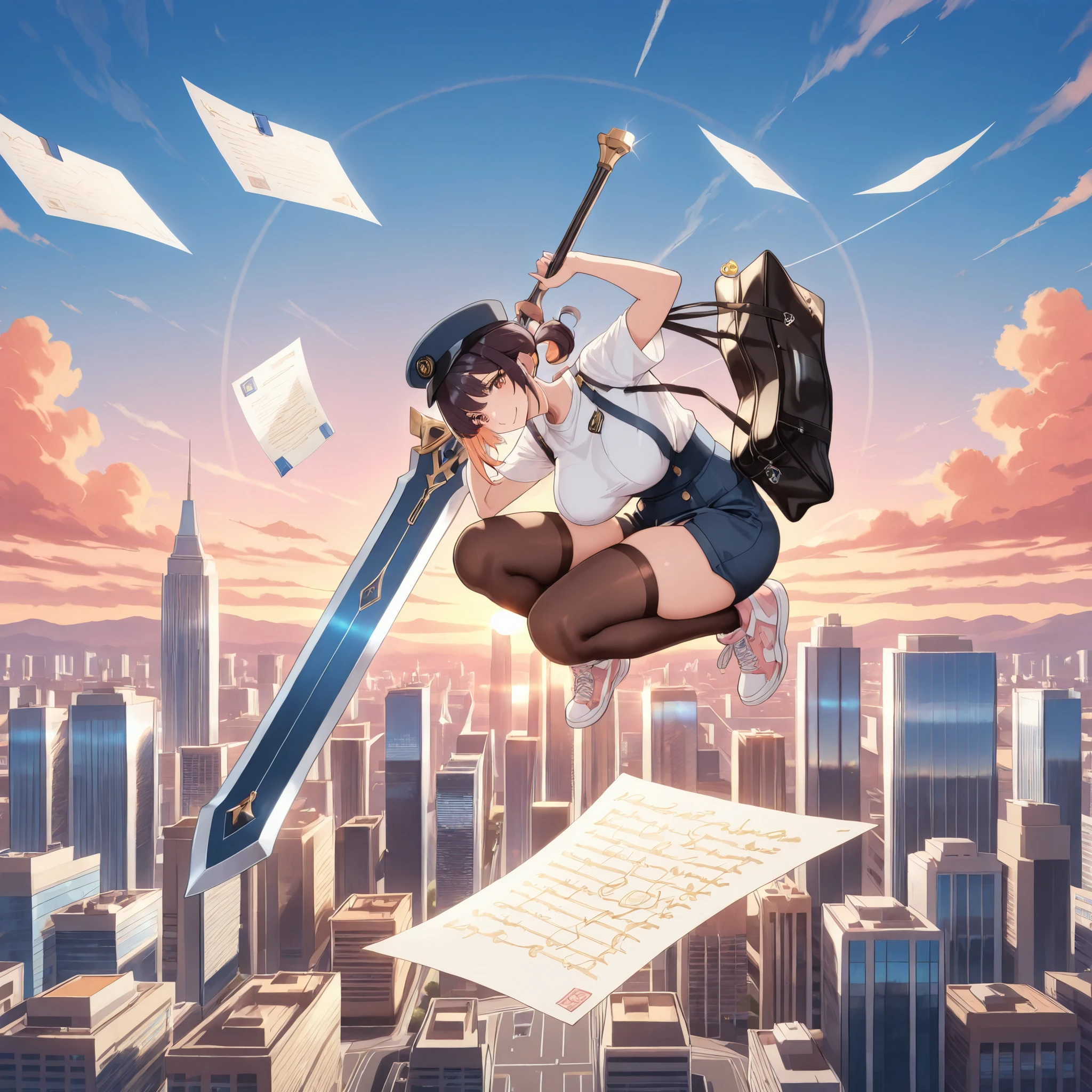 masterpiece, best quality, ultra detailed, anime style, adult large-breasted woman, sfw, post office hat, white short-sleeve t-shirt, suspender shorts, black stockings, sneakers, post office bag, clearly floating high in air, dynamic crouching pose, holding giant greatsword (her height), numerous swirling letters & postcards (clear postal marks, some open), detailed city skyline with tall buildings and skyscrapers, city below, sunrise, golden hour, warm glow, soft light, orange and pink sky, dawn, morning mist, ethereal atmosphere
