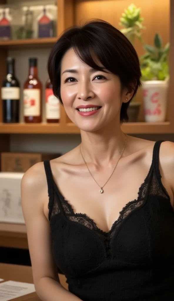 8k wallpaper, masterpiece, Highest quality, Super detailed, One Mature Woman, 50 years old, Become very clear, Wearing a short-sleeved knit, Skin dents, Captivating smile, Looking at the audience, Cleavage, plump, Curvaceous, Fascinating face, Smiling with teeth showing, I was happy, Sitting in a cafe, Background Blur