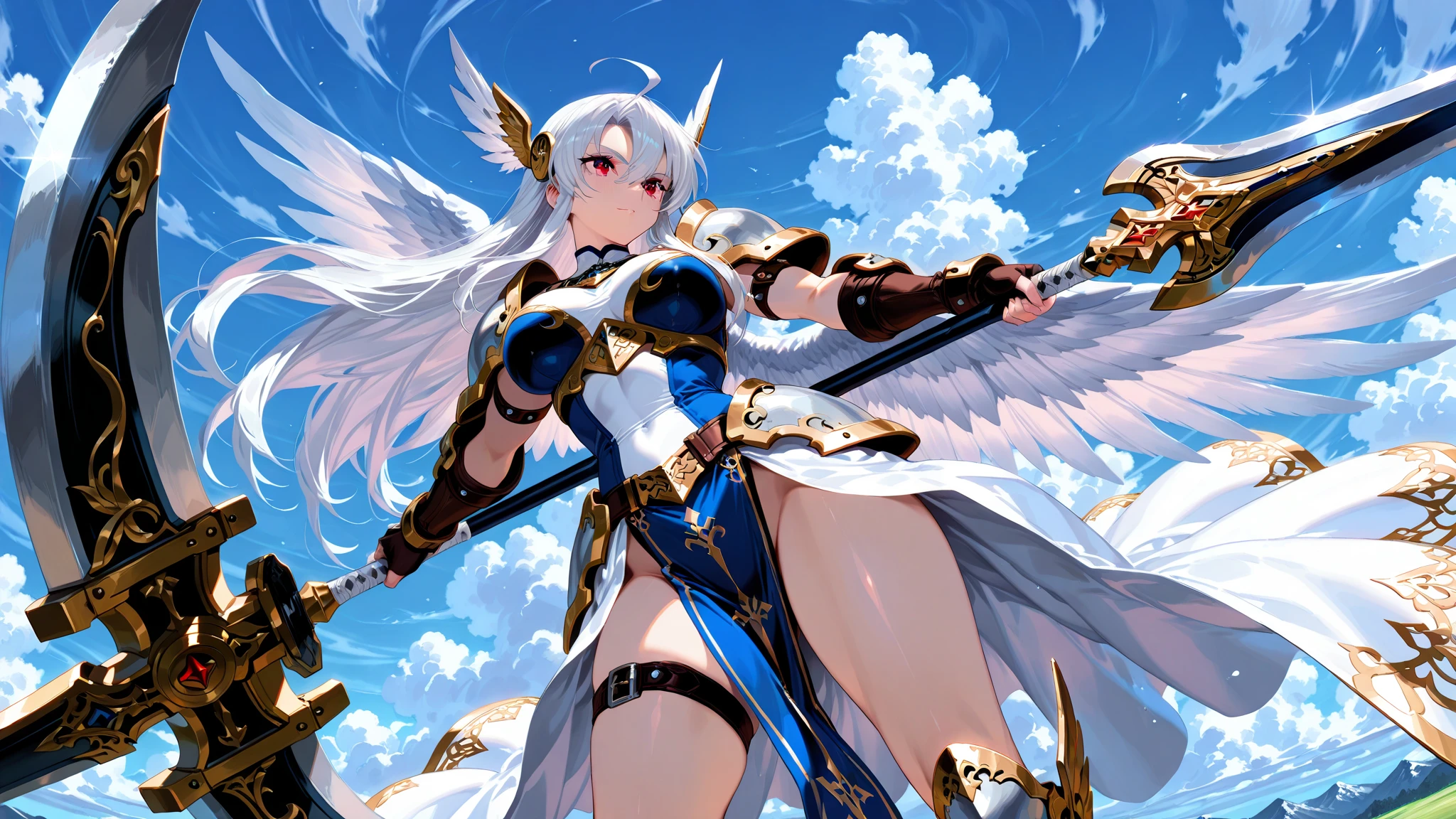 (best quality:1.5), (masterpiece:1.5), very detailed, high resolution, 8k, cute Japanese woman, cute 24 year old beauty, slim body, (busty breasts), thin lips, detailed face, Beautiful and elegant face, cute face, natural bangs, arched eyebrows, well-groomed eyebrows, (big eyes with a good balance between the left and right sides), cute eyes, beautiful eyes, beautiful thin nose, (beautiful skin), medium Hair, Brunette hair, black hair, (natural bangs), (Round and cute face:1.2), slim figure, (looking at the camera with a Gentle smile), beautiful legs, smooth skin skin, slim and beautiful thighs, cute and sexy slim 24 year old woman, fair skin , Beautiful breasts, (Slender and slim body:1.5), (Slim waist:1.8), (slim hips:1.8), ((slim Butt:1.8)), I-type Valley, (cleavage), (Natural Light:0.8), (lighting forward:0.8), (lighting front:0.8), (Flat lighting:0.8), Relaxed smile, Detailed fingers, beautiful hands, (Round face:1.4), (Sexy dress), Sexy dress, sexy armor, helmet, beautiful wings, spear, fantasy background,