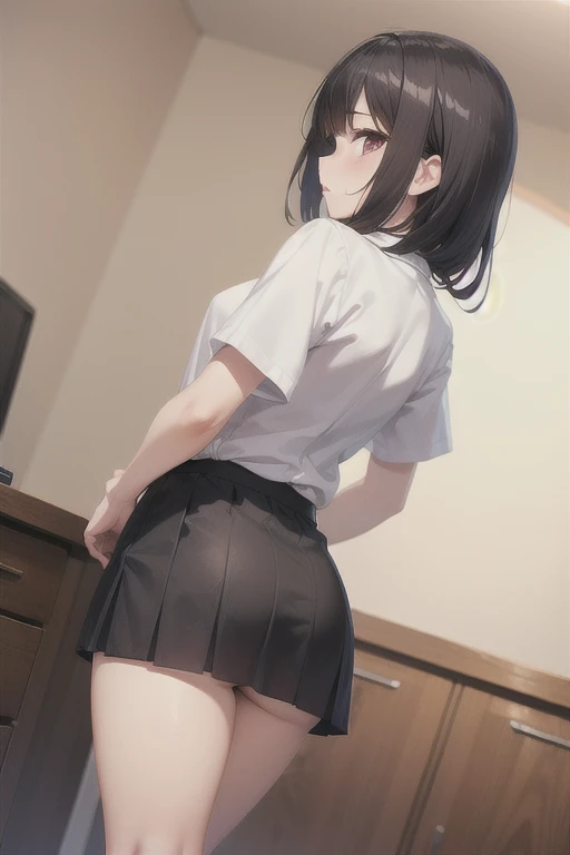 spread legs, From the back、look at viewer, Small Butt、shoji, tatami, bob cut, skirt lift, Beautiful Anime Girls、From below、Embarrassing、 15 years old、(masterpiece, best quality:1.2), illustration, 8k, 1girl, solo