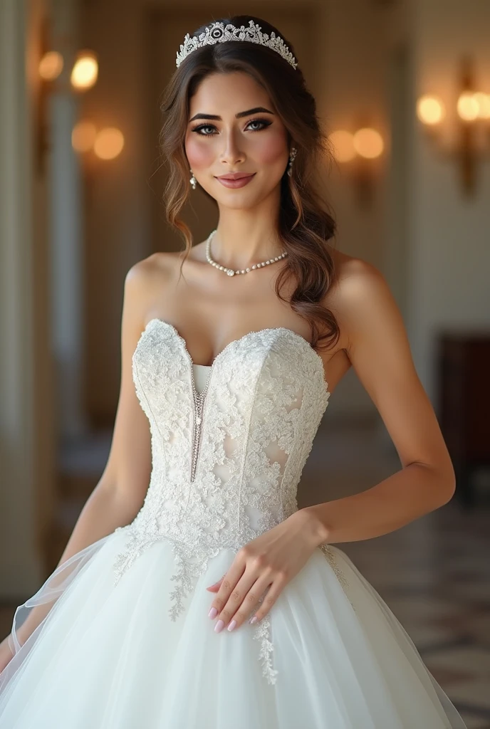 mndngwmn, long hair, 1girl, realistic, solo, wedding dress, white dress, satin, lace, ballgown style, smiling, professional photograph, vibrant colors, balanced lighting, holding bouquet, cute, beautiful, perfect face, perfect hands , detailed, veil, tiara, hd, 8k, (masterpiece), best quality, expressive eyes, perfect face
, (ultra realistic, 8k,high quality)