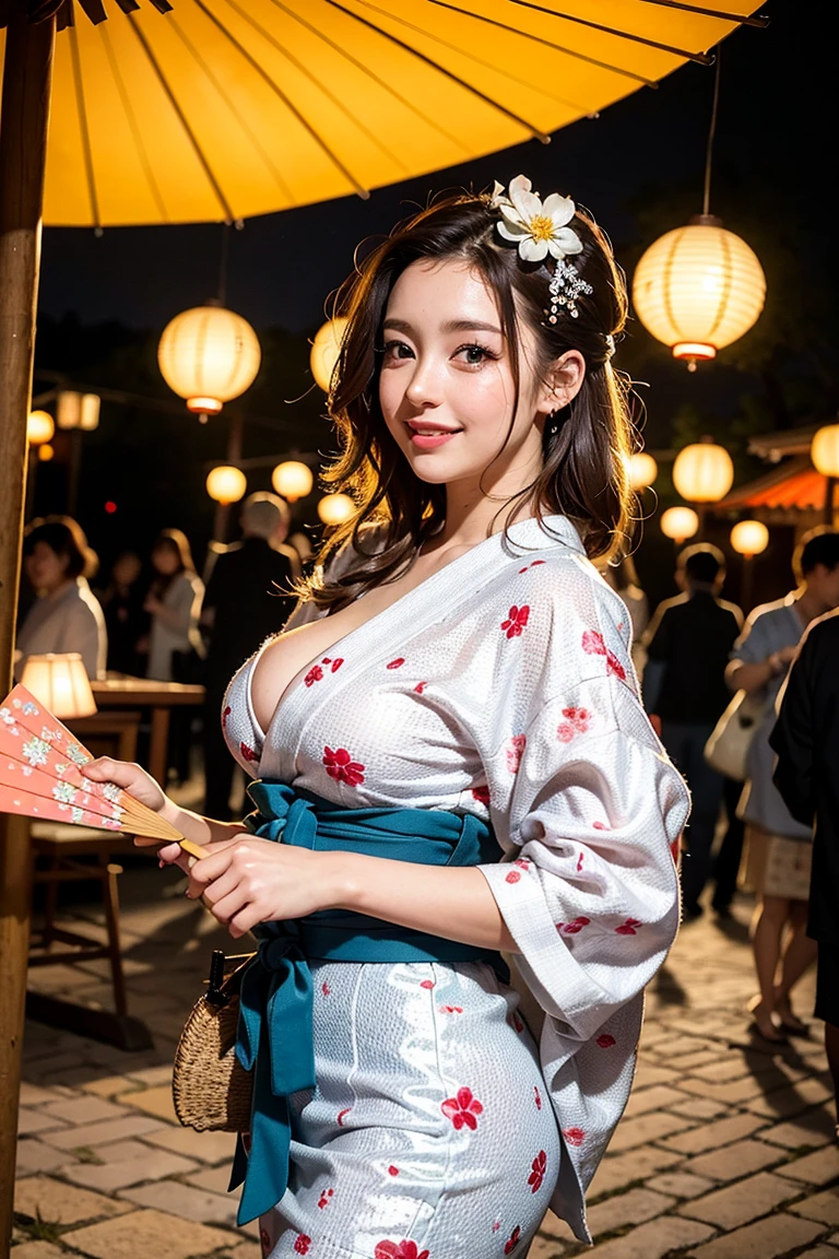 (best quality, 4K, masterpiece :1.3), detailed, beautiful, insanely detailed, absurdres, perfect anatomy, Thai beautiful girl, 22 years olds, (slender), (big breasts:1.2), Super detailed face, Detailed lips, delicate eyes, double eyelids, wear glasses, light brown hair, hair bun, wear red flower yukata, laughing and playing with sparklers, in the night of Japanese festival. Background is a Japanese festival in asakusa temple, full moon, full body shot, random pose.