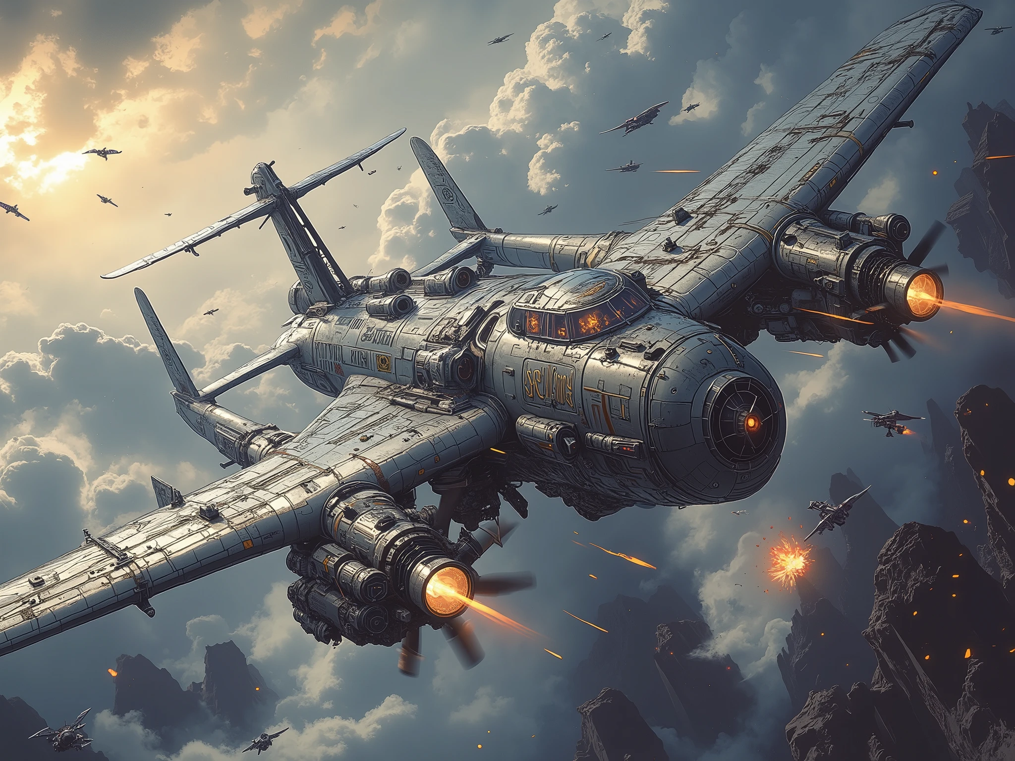 (masterpiece, ultra-HD, photorealistic digital painting, cinematic lighting, motion blur, smoke trails, volumetric clouds, oil-paint textured detail, 1930s dieselpunk aviation style, dramatic camera framing, official concept art style)
Dynamic wide-angle shot: A massive Junker G38–inspired heavy aircraft, retrofitted into a flying fortress, roars through storm-choked skies. Its vast, corrugated aluminum wings stretch like a steel manta across the clouds, lined with exposed gears, pulleys, and gunner pods. Twin engines rattle with exhaust fire, propellers spinning into blurred arcs.
Foreground: Flak bursts and tracer fire streak across the frame, fragments trailing smoke past the camera. Torn parachute cloth flutters in the foreground.
Midground (main subject): The aircraft banks hard, starboard wing catching golden lightning. Its underbelly opens, revealing bomb bays glowing with internal amber light. The glass-walled observation deck flickers with crew silhouettes shouting amid red emergency lights. Battle damage scorches its flanks—runes, military emblems, and stenciled serials scratched by time and war.
Background: Dark thunderclouds split open above jagged mountains. Distant enemy fighters dive in pursuit, their searchlights cutting through the fog.
Lighting & Color: Cold metallic grays and storm blues dominate, accented by fire-orange explosions, amber cockpit glows, and golden sunlight breaking through a violent sky.
A steel leviathan battles gravity, sky, and flame—its last mission drawn across heaven in fire.