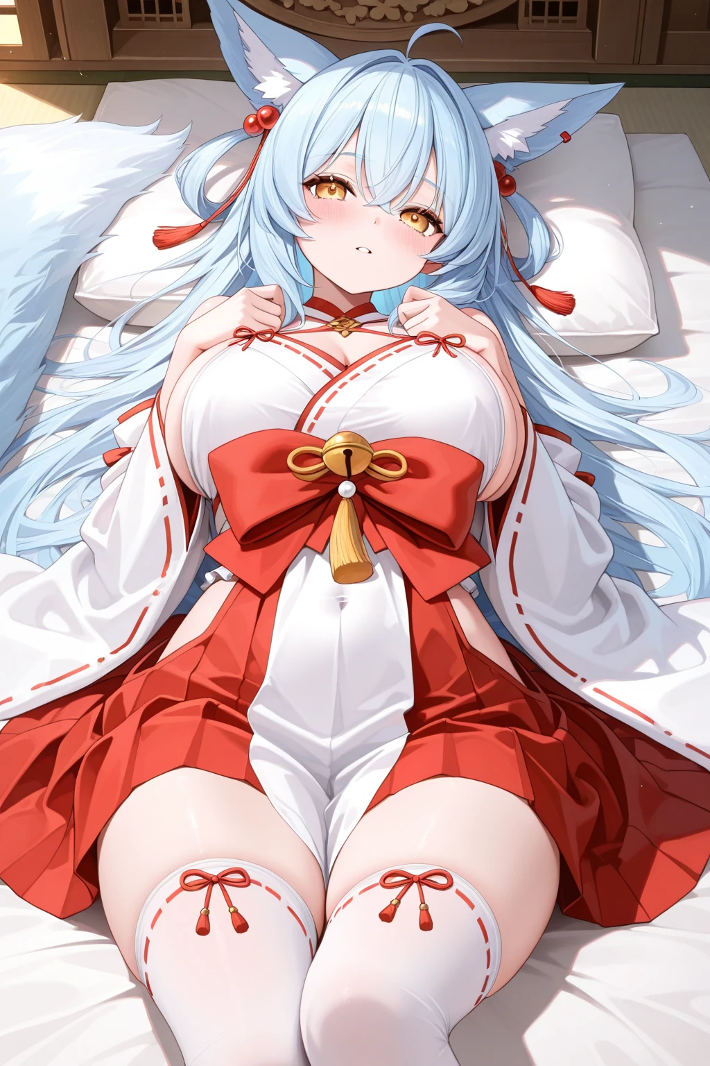 masterpiece, top quality anime illustration, super definition, one girl, solo, beautiful girl with silver hair, anime loli, cat ear loli, red and white priestess costume, loli priestess, smile, cleavage emphasis, lower breast emphasis, thigh focus
