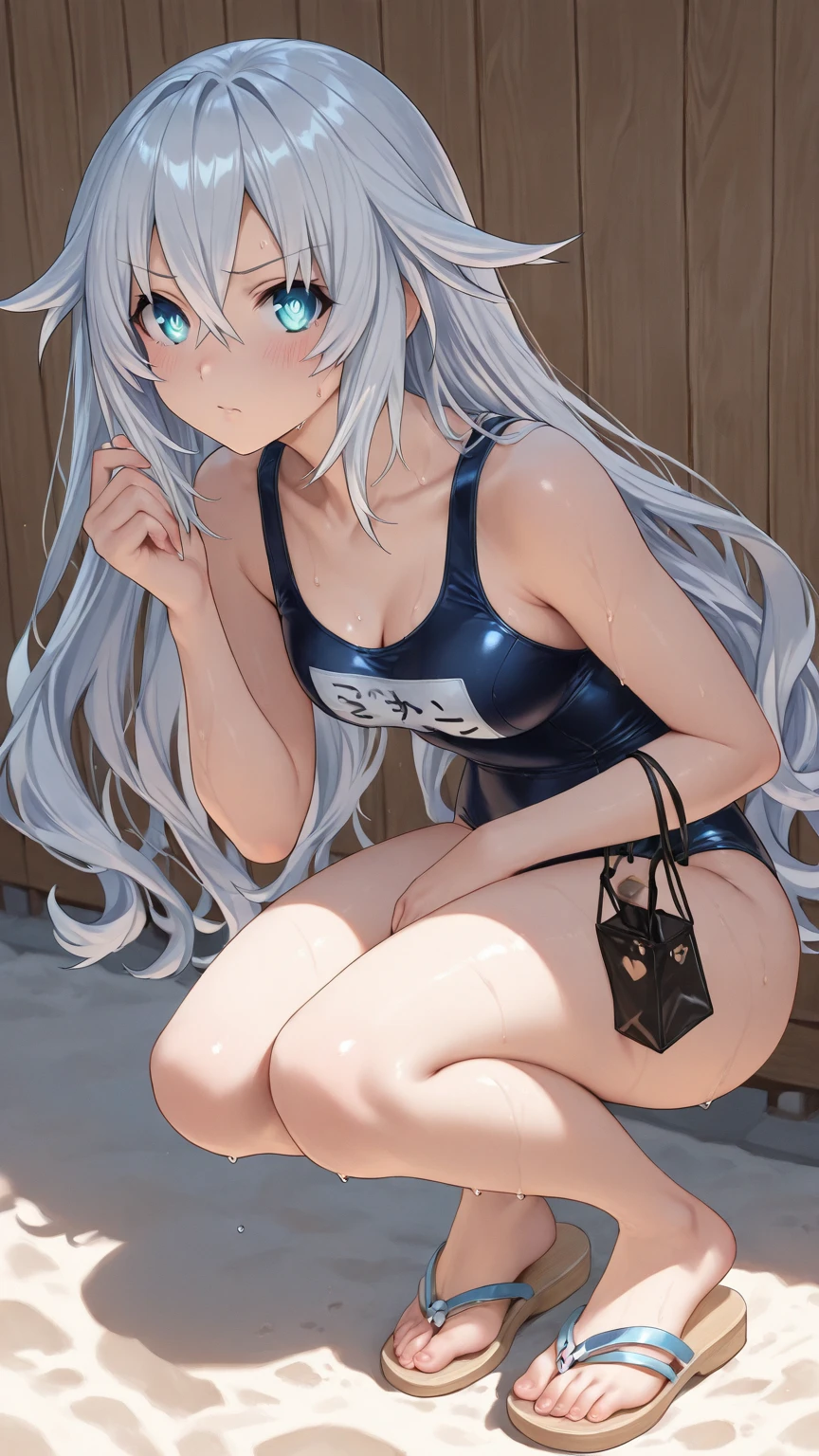 white hair,White competitive swimsuit,Loli,loli,small breasts,No breasts,slender,cute,It&#39;s exposed,cover your chest with your hands,lotion,Wet,love,embarrassed,love juice,Pussy,Pussyから液体,highest quality、one person,exposing genitals,female organ,nipple,solo,girl sitting