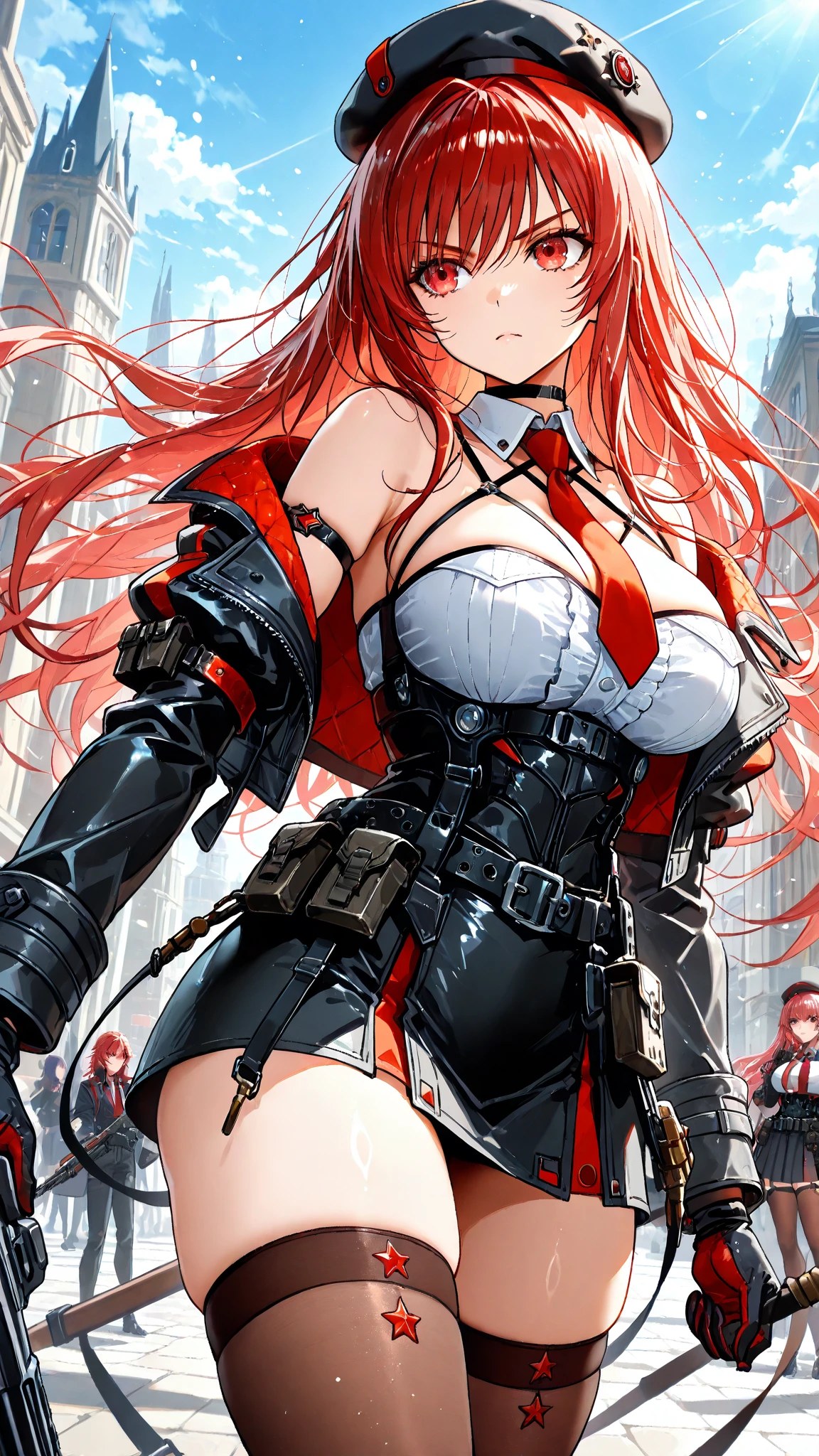 A young red-haired female character,Wearing a black tight combat suit,The belt is full of small tools,She strikes a vigorous fighting stance,Always ready for any challenge,She stands in front of a suburban background,This is a typical quiet neighborhood.,Her eyes were filled with determination.,Reflecting her fearless nature