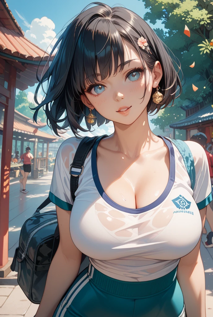 alone、The face of AND18、Beauty、very cute、Black Hair, short hair、Brown eyes , Large Breasts、(shame:1.5)、Light blue hoodie、Headphones on neck、Blue pleated skirt、Refreshing look、Cowboy Shot、Best Angle、Walking in the park、Excessive sweating all over the body、Masterpiece、Professional work、Professional Lighting、Detailed face、Detailed eyes。(nsfw:1.5)