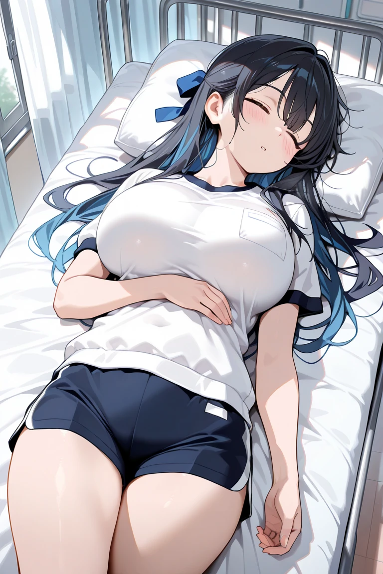 A pregnant girl with long hair in a sweater:1.5,Lying on a hospital bed:1.6,and a pained expression on its face:1.6,