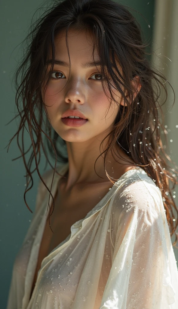 (Best quality, 4k, Masterpiece :1.3), pretty woman, 1girl, sexy :1.1, dark brown hair: 1.1, (rainy wet, wet from rain, wet body :1.2), white tank tops, ultra-detailed face, detailed lips, detailed eyes, double eyelid