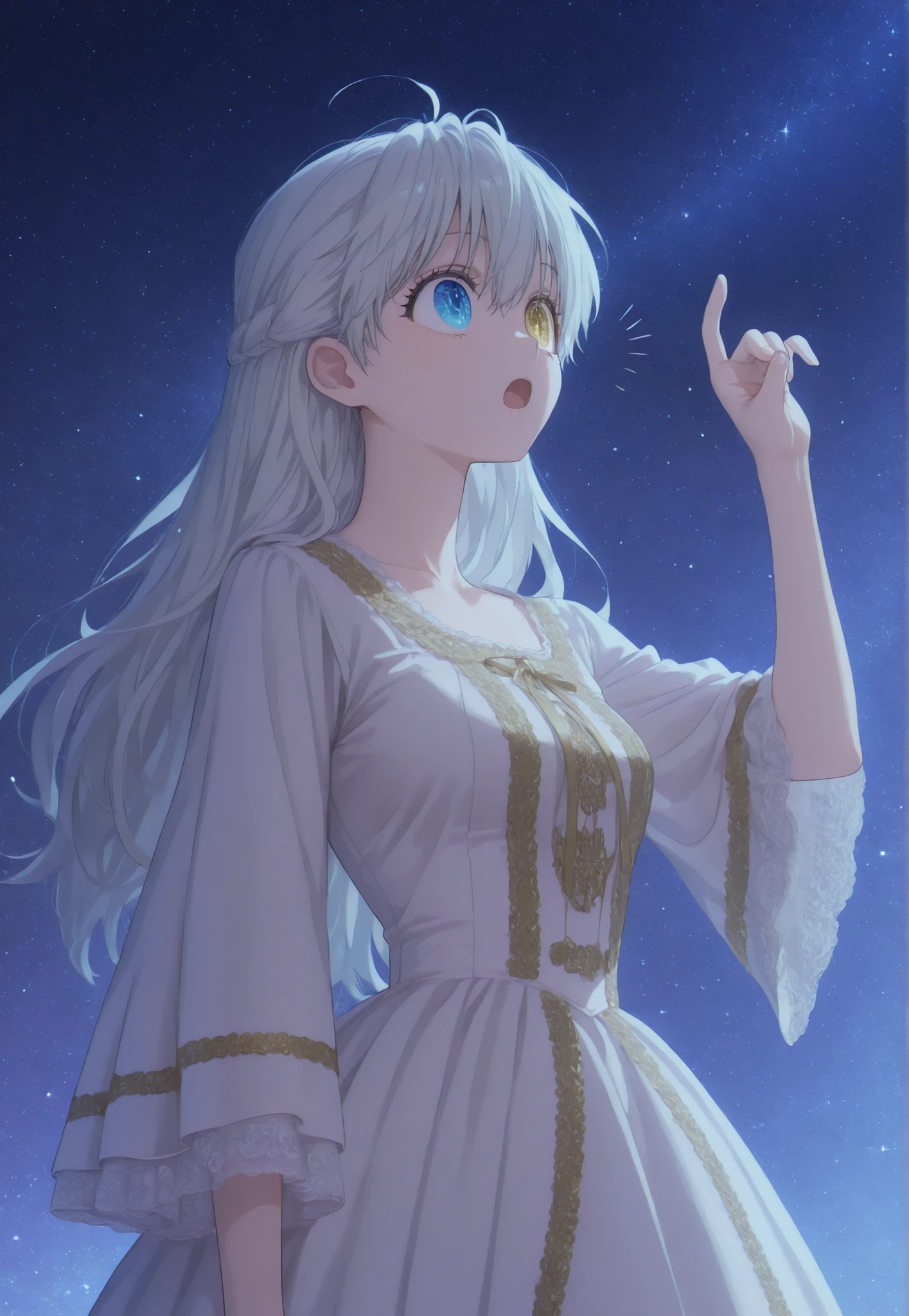 masterpiece, newest, HD Quality, safe, good anatomy, good lighting, , good resolution, beautiful, anime. long white hair.  heterochromia:Sky blue right eye and Golden Yellow left eye, surprised gesture, look up. dark eyelashes, piel clara, slim build, Medium Breasts Size C.  She is 18 years old, measures 1'66 cm. watching the spectator, Alone, Bright Starry Night Background. wearing clothes: Victorian white dress, Wide sleeves with elaborate embroidery, embroidered with gold threads. relaxed pose.