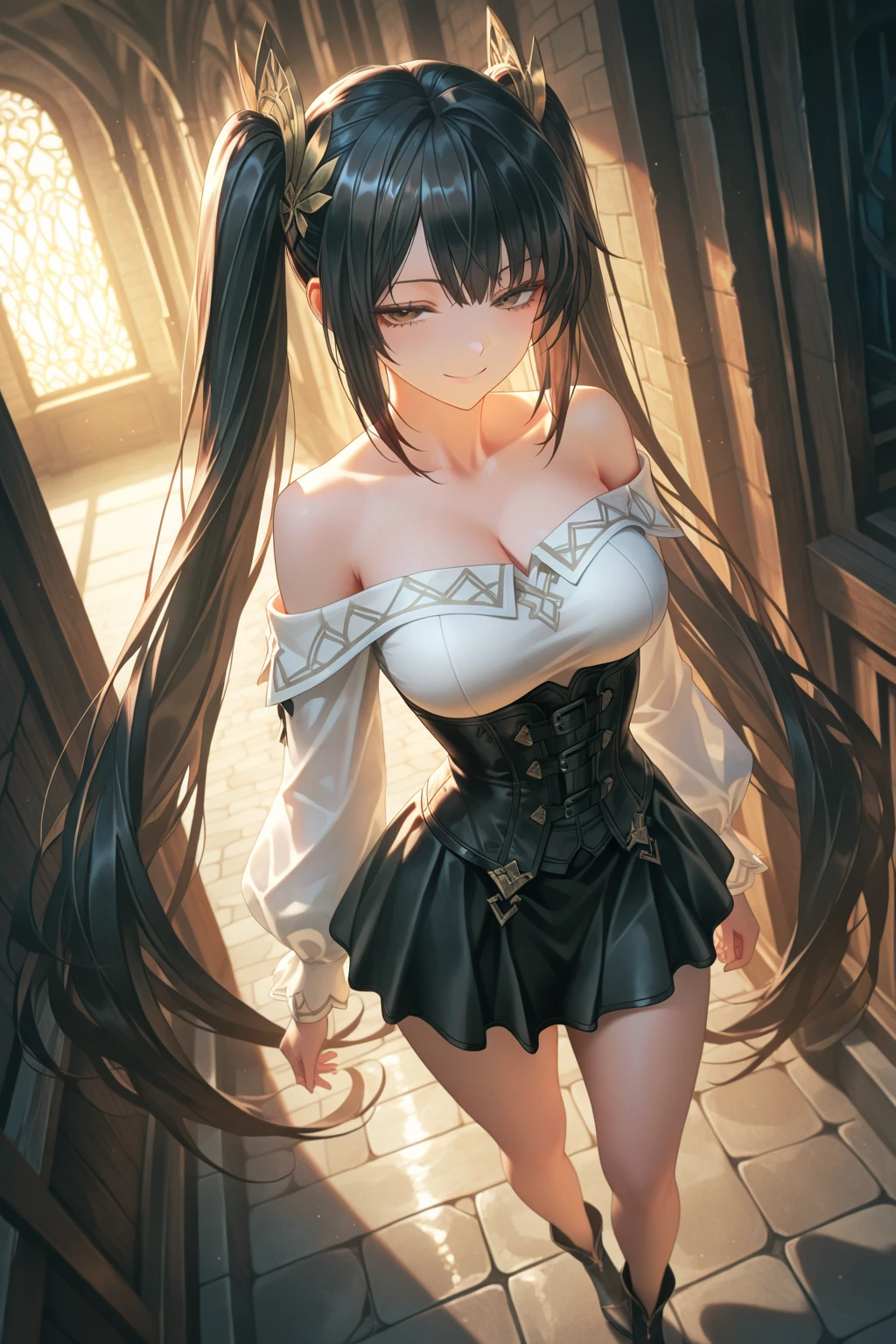 A beautiful girl in a corset and stockings posing for a photo, anime girl, flower garden with wooden benches, blue sky with white clouds, big rounds breasts, choker with bell, strapless corset, thigh highs, lace panties, cute round buttocks, she turns back, beautiful detailed face and eyes, perfect anatomy, dark brown hair, long bangs, long hair, wavy hair, expressive hair, shiny hair, tied hair, hairclip, jewelry, lolita hairband, aqua eyes, glowing eyes, pupils sparkling, earrings, red lips , glossy lips, shy, embarrassed, blush, nervous, high detail, anime, anime style, cinematic lighting, image fill, framed, head out of frame, pov, multiple views, perspective, panorama, lens flare, Wide-Angle, f/1.8, 85mm, Nikon, from behind, 8k, super detail, UHD, retina, masterpiece, accurate, anatomically correct, textured skin, high details, best quality, highres, 16k