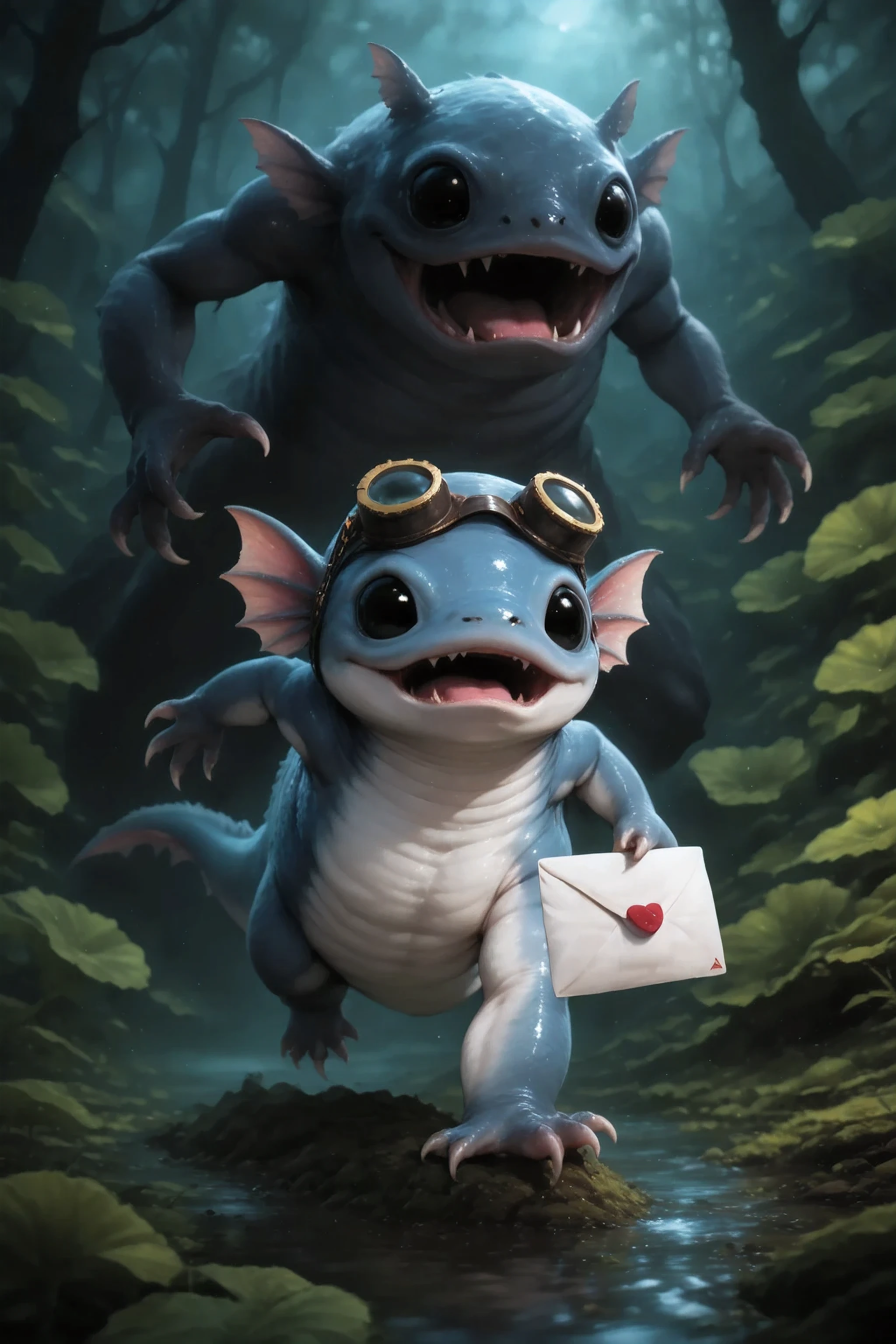 The creature flees in panic from a huge swamp monster in the swamps. He opened his mouth slightly in a panic. Holds a letter in his paw. Steampunk aviation glasses on top of his head. Character_Fuli,
masterpiece, best quality, ultra-detailed, A cinematic emotional static frame, 8K UHD, extreme detail, physical-based rendering, HDR.
Unrealistic image, fantasy genre, dramatic lighting. Highly detailed digital art style, (SFW:1.3).