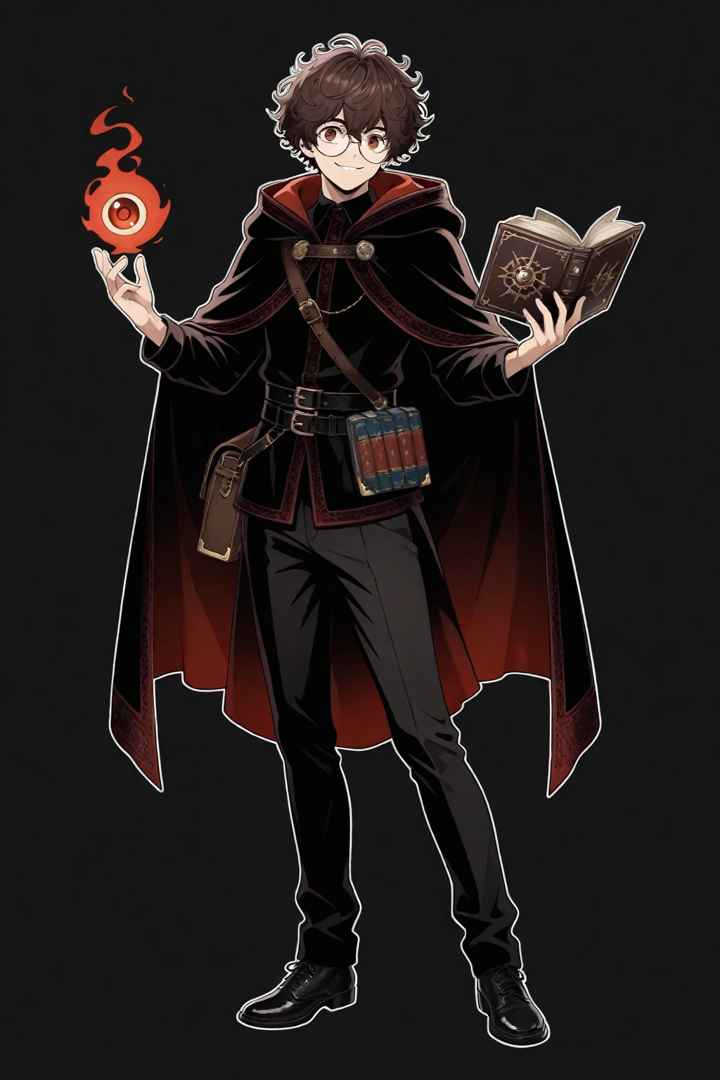 (A warlock with (a book and a skull:1.4) wearing a (red robe:1.2), black shoes, a hat, and a ring, (casting a curse:1.4), looking (cunning and wicked:1.2):0.8)