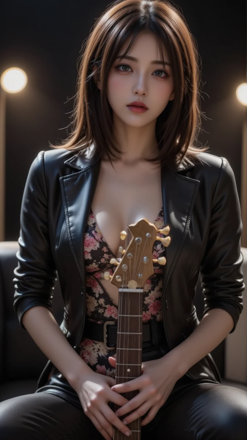 ผู้หญิงplay guitar live、Guitar Hold、 brown messy hair、((big breasts、breast augmentation、big breast))、Complex 6-string electric guitar:1.2、anatomically correct finger、gibson Paul、1 guitar only、short leather skirt、short leather skirt、short leather skirt、short leather skirt、short leather skirt、leather underwear、Concert stage、play guitar live、Guitar Hold